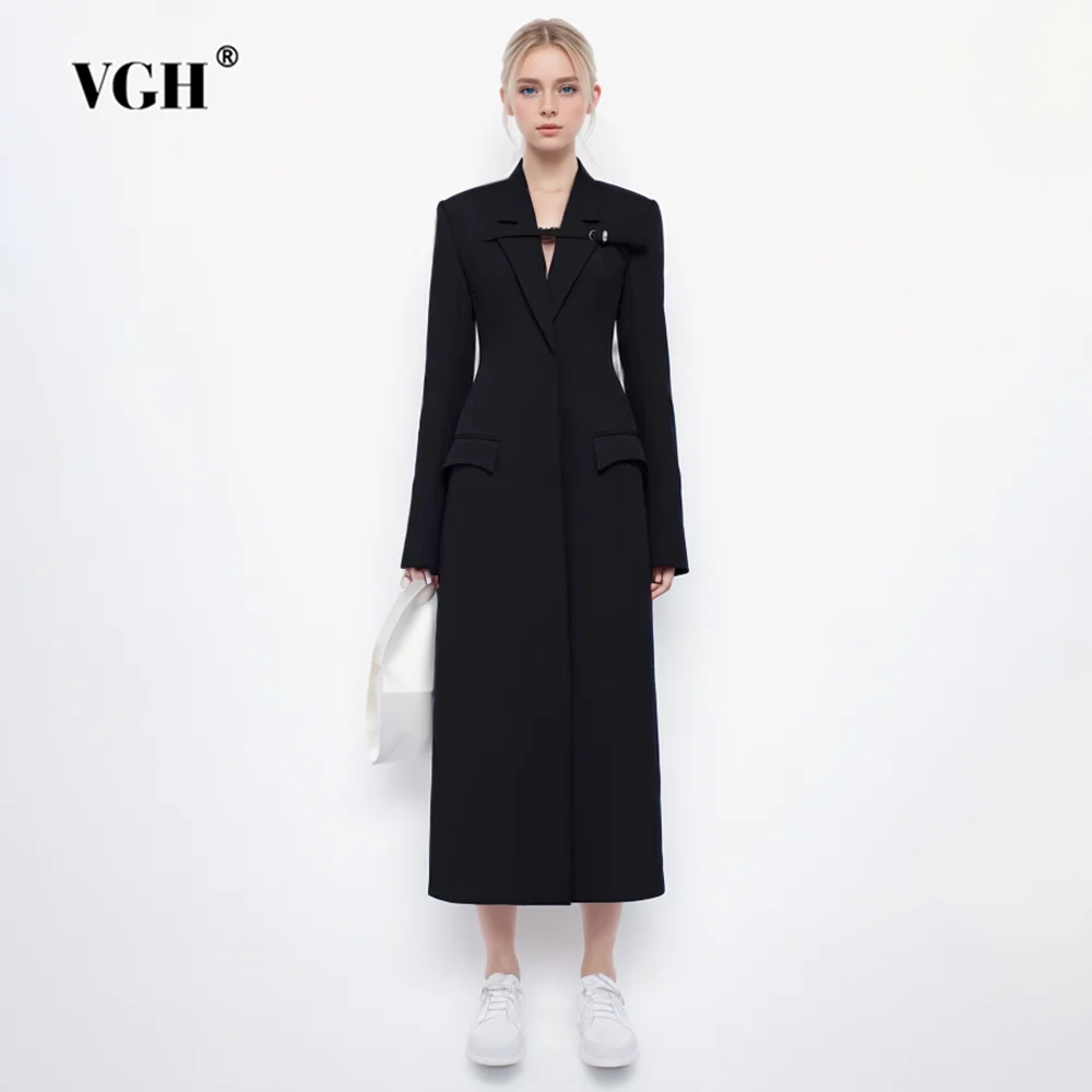 

VGH Solid Patchwork Belt Temperament Coat For Women Notched Collar Long Sleeve Tunic Spliced Pocket Elegant Trench Female New