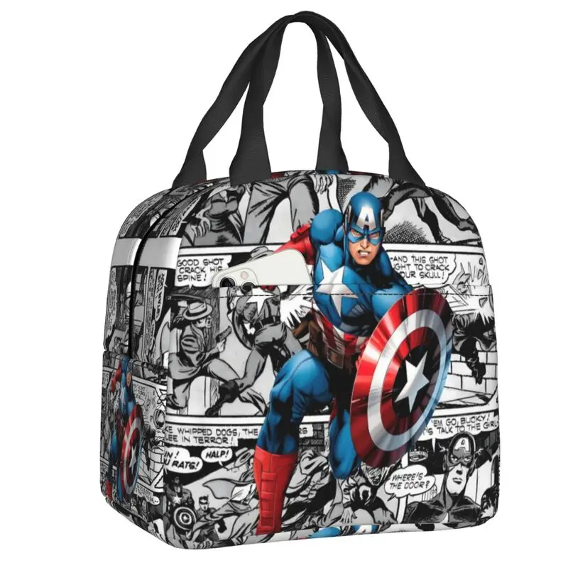 

Custom Captain America Comics Design Insulated Lunch Bag Women Leakproof Anime Cartoon Thermal Cooler Bento Box Office Travel