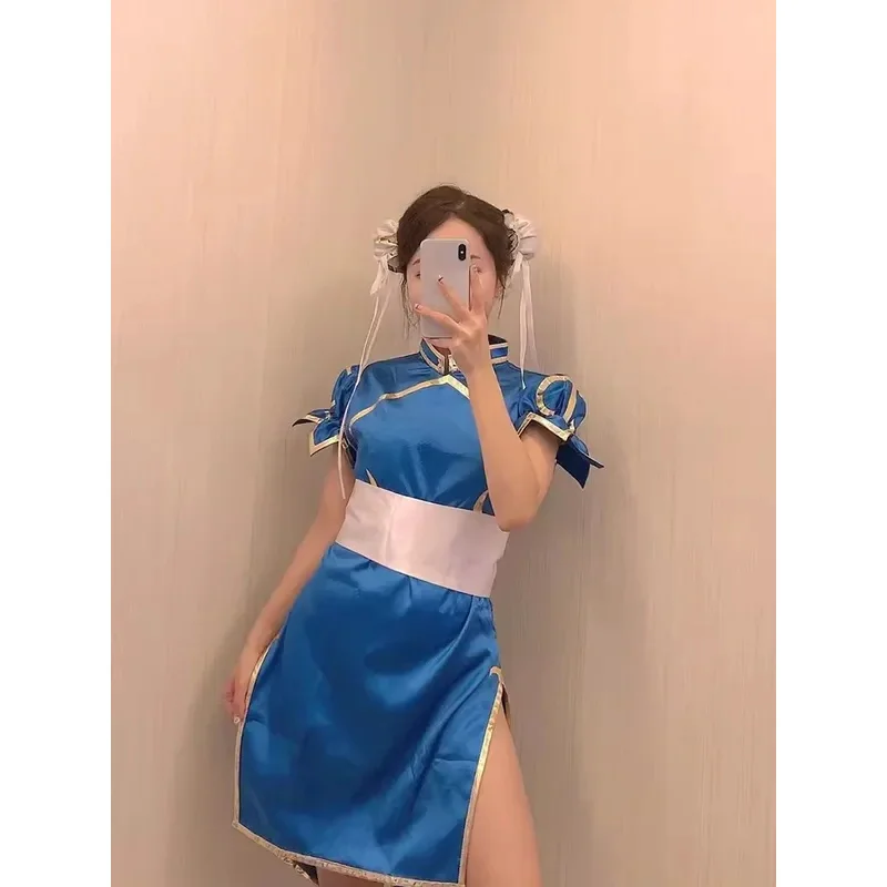 

25COSChun Li Косплей Платье Костюм Игра SF Chunli Ролевая Игра Синий Ципао Наряд Полный Комплект Джеки Кунг-фу Хэллоуин Вечеринка ChunLi hea
