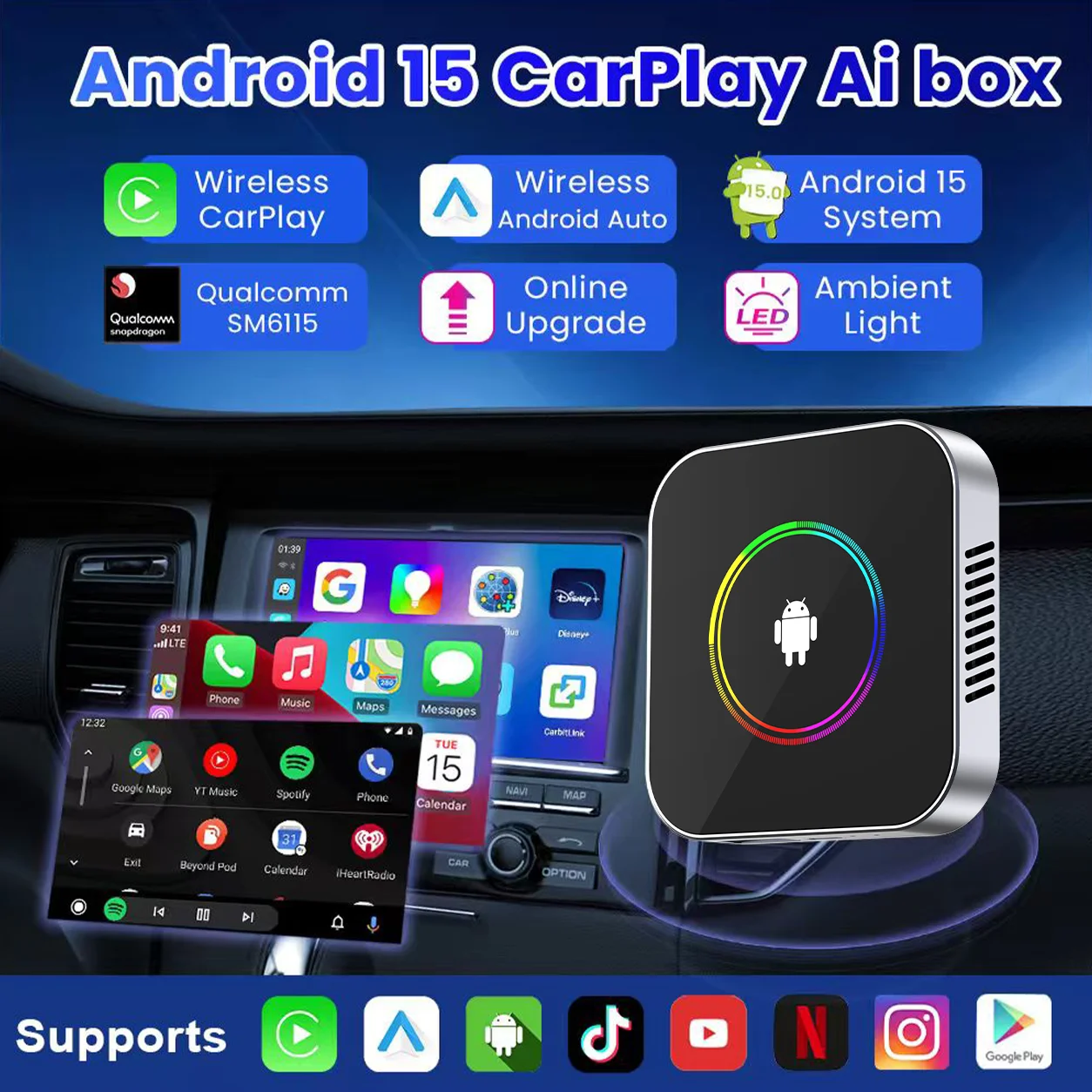 CarRocket CarPlay AI Box Android 15 SM6115 Wireless CarPlay & Android Auto Built-in GPS Support Netflix YouTube Google Play