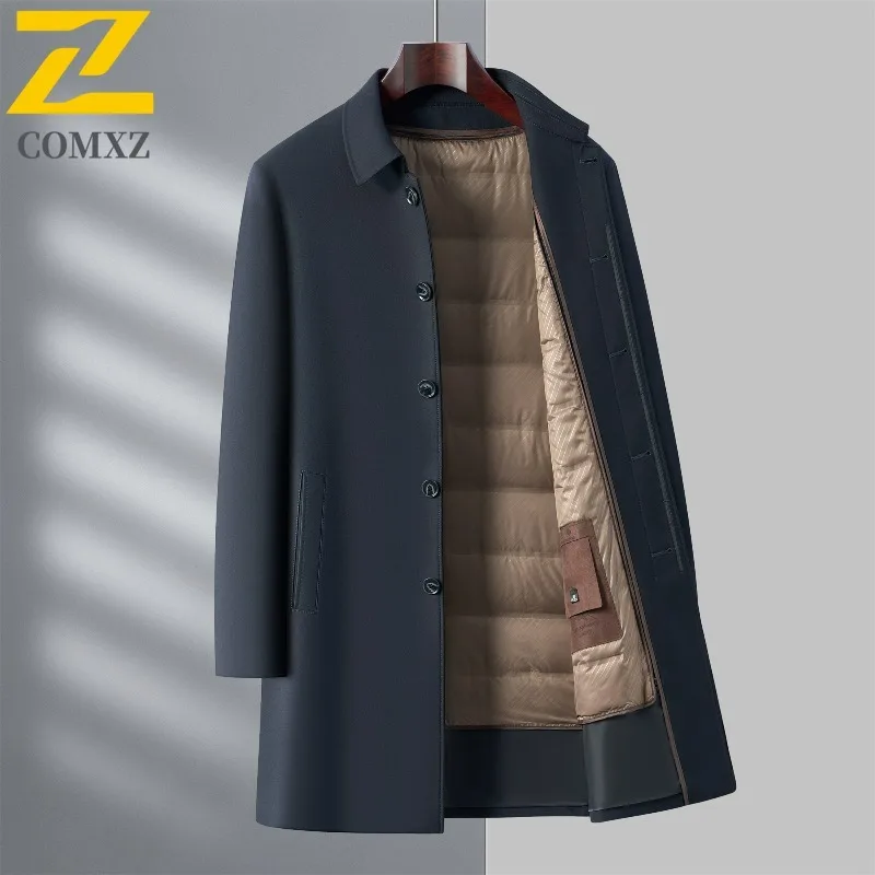 COMXZ Mens Long Down Jacket Premium Lapel Commute Office Lightweight Padded Jackets Detachable Inner Layer Comfort Winter Coat