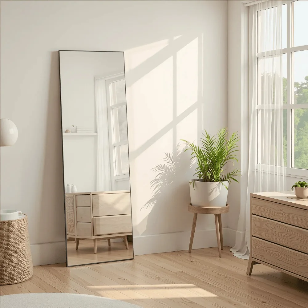 

57*20in Rectangular Full Length Mirror Freestanding Body Dressing Mirror, Aluminium Alloy Framed, Black