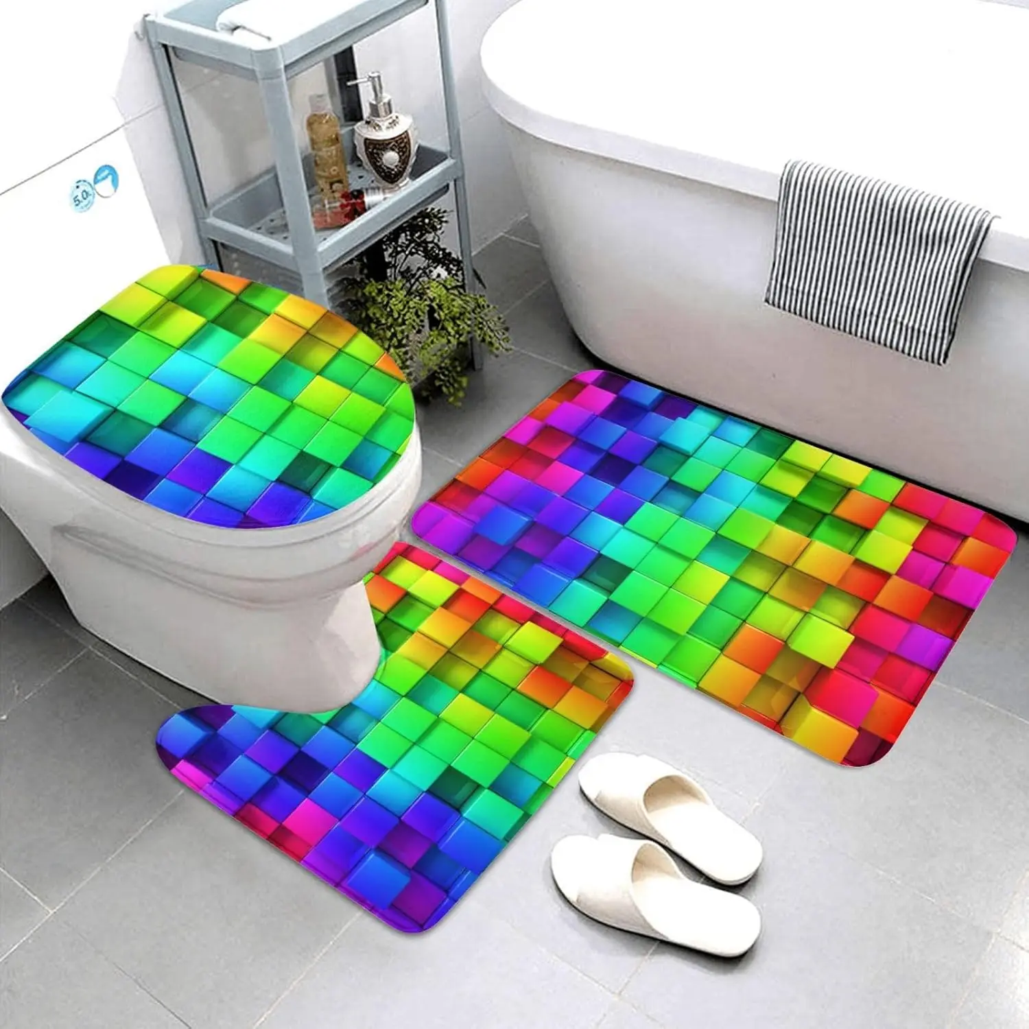 Rainbow Checker Bath Mat Set – Colorful Grid 3-Piece Rug for Bathroom, Toilet Lid Cover & U-Shaped Pad, Non-Slip Washable