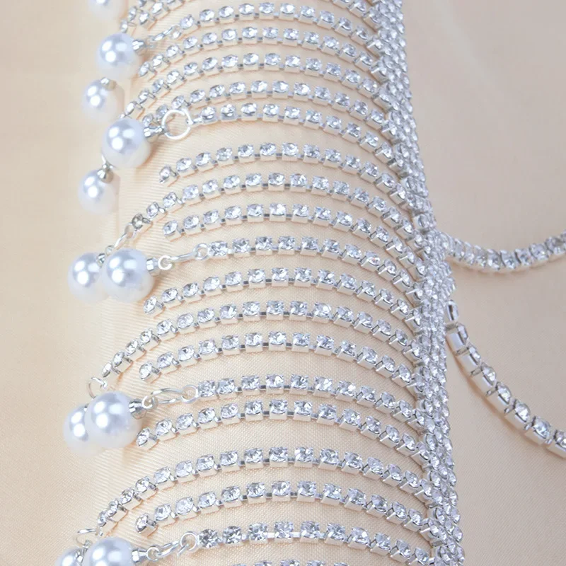 Luxury Pearl Fringe Rhinestone Body Chain Statement Crystal Bra Top Harness Waterfall Tassel Jewelry Clubwear Accessories