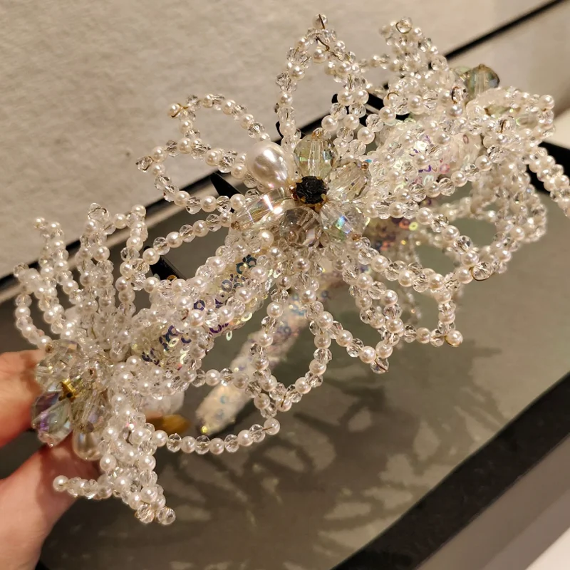 Hand Beaded Floral Headband Woven Crystal Flower Hair Hoop With Imitation Pearl Fairy‑Style Hair Accessories Party Hair Decor