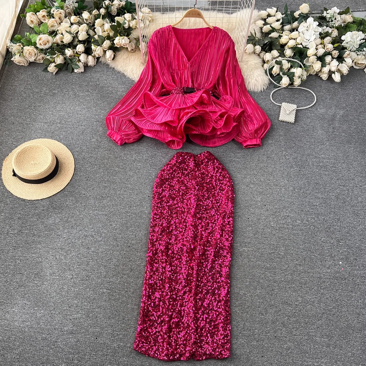 Luxury Fashion Spring Party Two Piece Set For Women V Neck Lantern Sleeve Ruffles Belt Tops + High Waist Sequin Split Skirt Suit