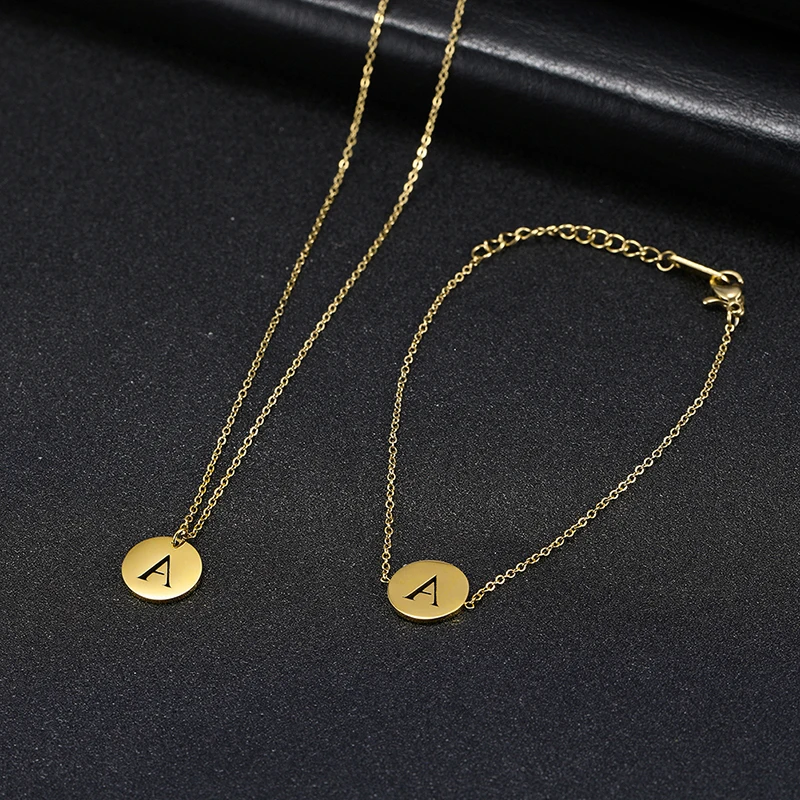 26 Letter Pendant Necklace New Fashion Stainless Steel Round Initials Necklace Bracelet Set Jewelry for Women Birthday Gift