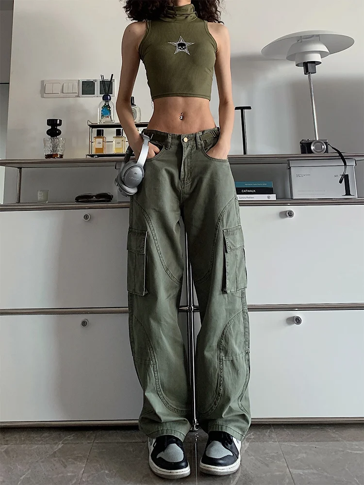 

plus Size American High Street Military een Workwear Jeans Women's Straight Loose Versatile Wide Leg Floor-Length Trendy Pants