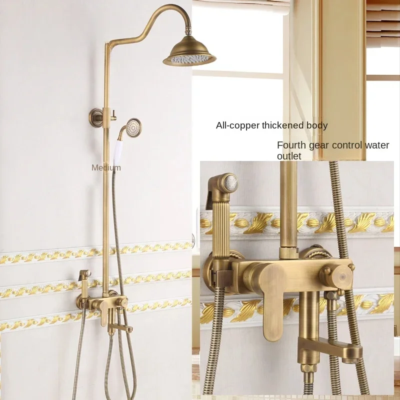 Conjunto de torneira de chuveiro de latão antigo com torneira misturadora de alça dupla de chuva de 8 polegadas com bico giratório para banheira e prateleira elegante e