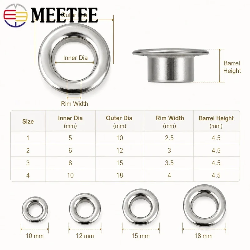 100Sets Meetee 4/5/8/10/12mm Metal Eyelets with Installer Die Punch Tool Set for Clothing Belt Leather Craft Grommet Repair Kit view 3