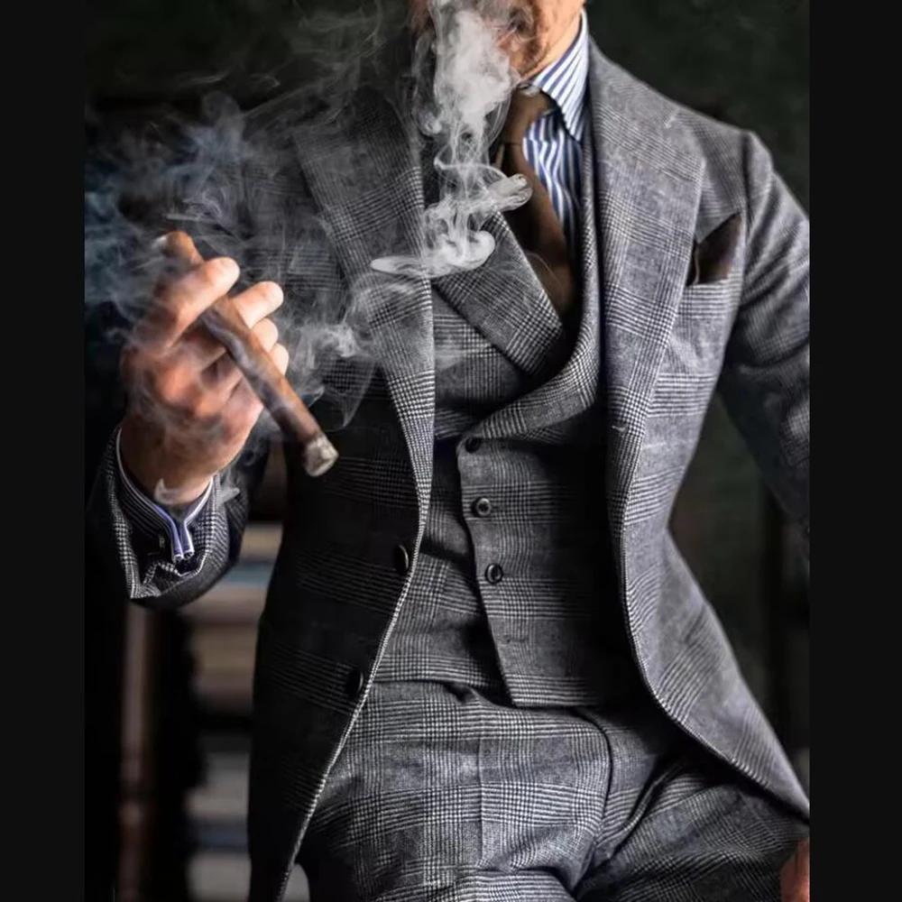 

Classic Houndstooth Suits Men 3 Piece Set Business Man Dinner Party Prom Blazers Customized Groom Wedding Tuxedos Ropa Hombre