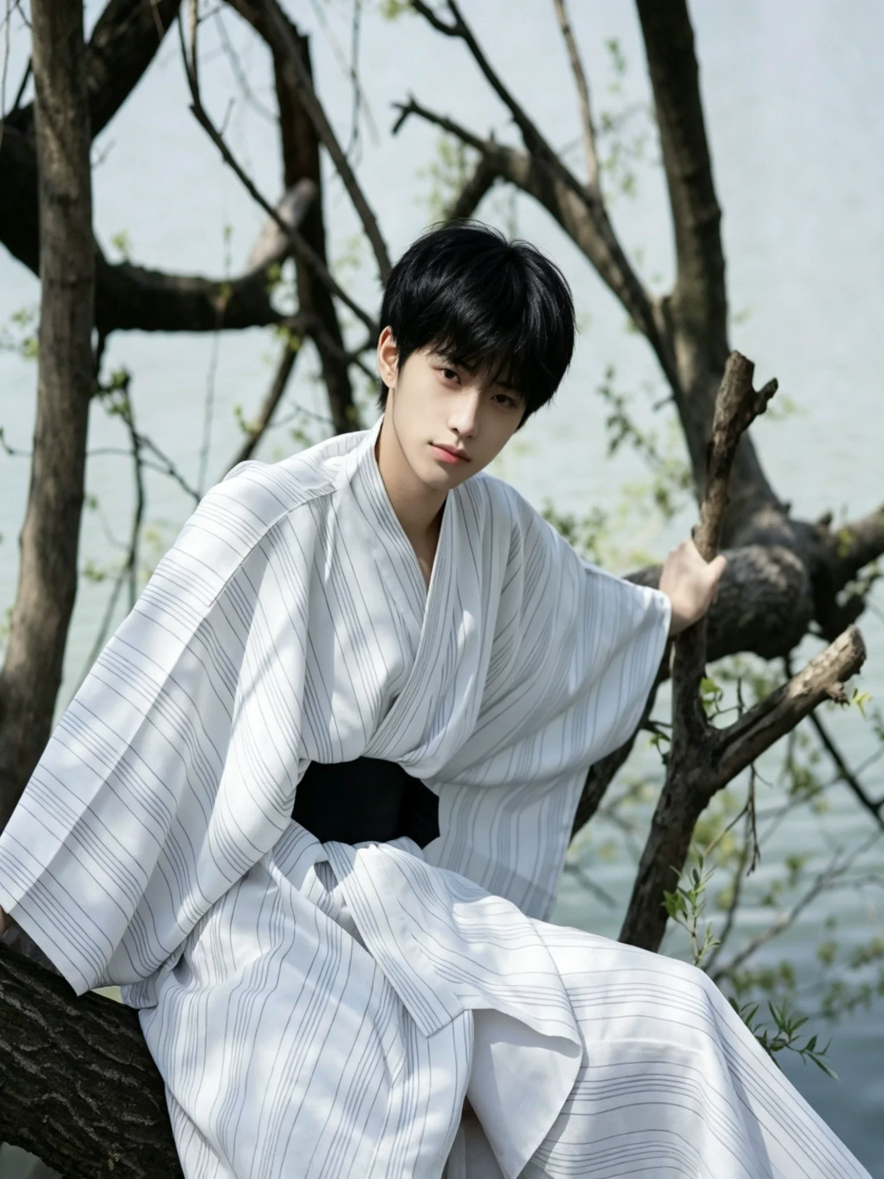 Men's Grey Striped Polyester Yukata – Traditional Japanese Samurai Kimono Robe with Belt