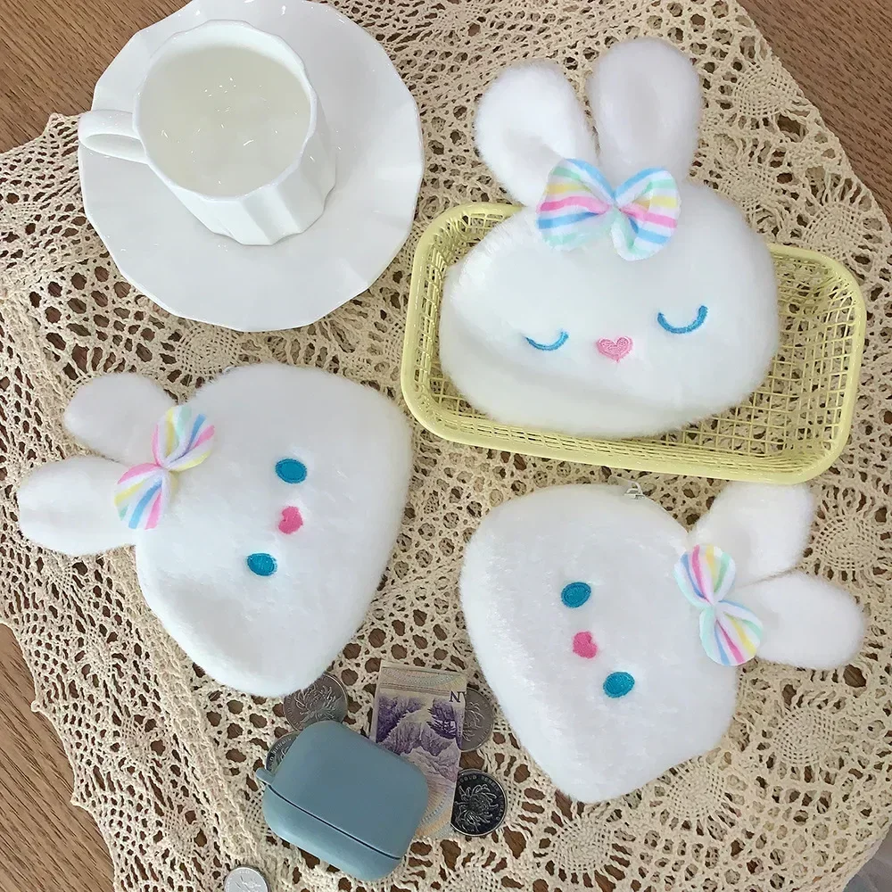 Cute White Rabbit Keys Earphone Organizer Bag Comfortable Soft Plush Rabbit Coin Purse for Small Photo Cards Storage Bag