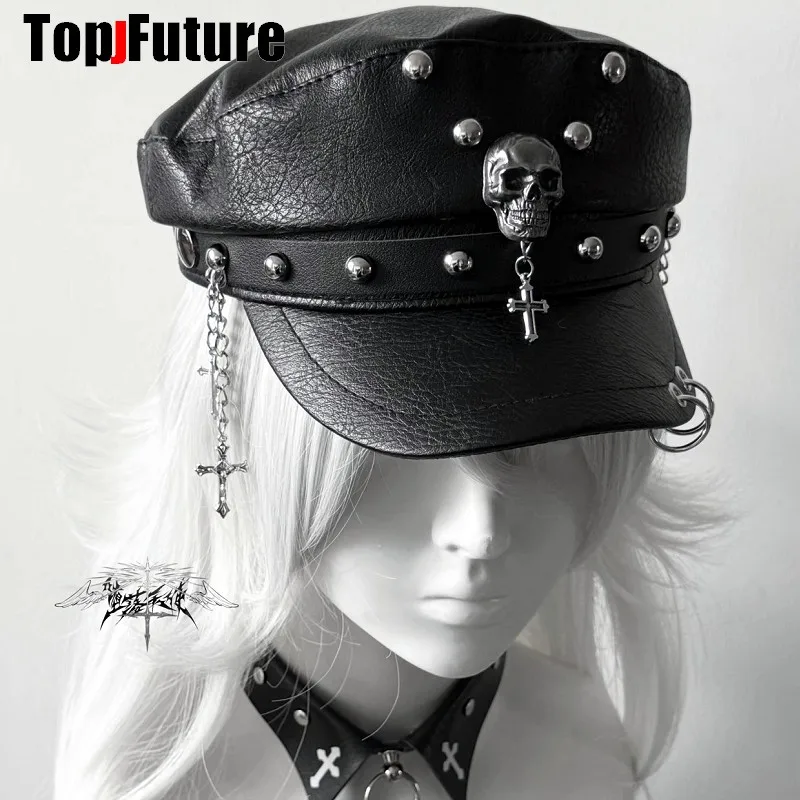 2529 Women Girls Goth Lolita Beret Hat With Heart Chain Painter Hat Gothic Gothic Lolita Beret Hat Goth Y2k Heart Chain Denim Beret  main image 4