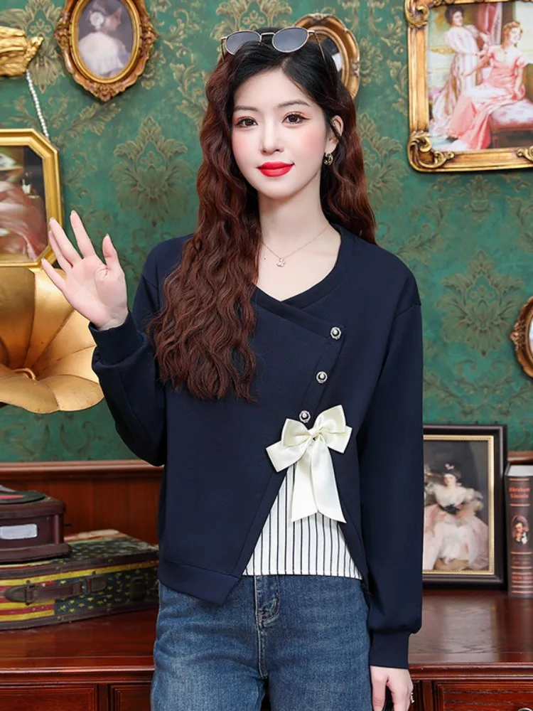 

Уникальная стильная женская толстовка с эффектом двухслойности, новинка ранней весны, модный корейский топ с длинными рукавами и круглым вырезом