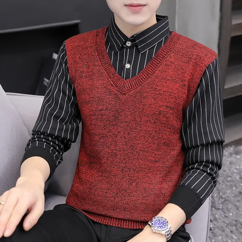 2024 New Men's Casual Fake Two Sweaters and Knitwear Fashion Plaid Letter Print Sweater Vest Long Sleeved Shirts