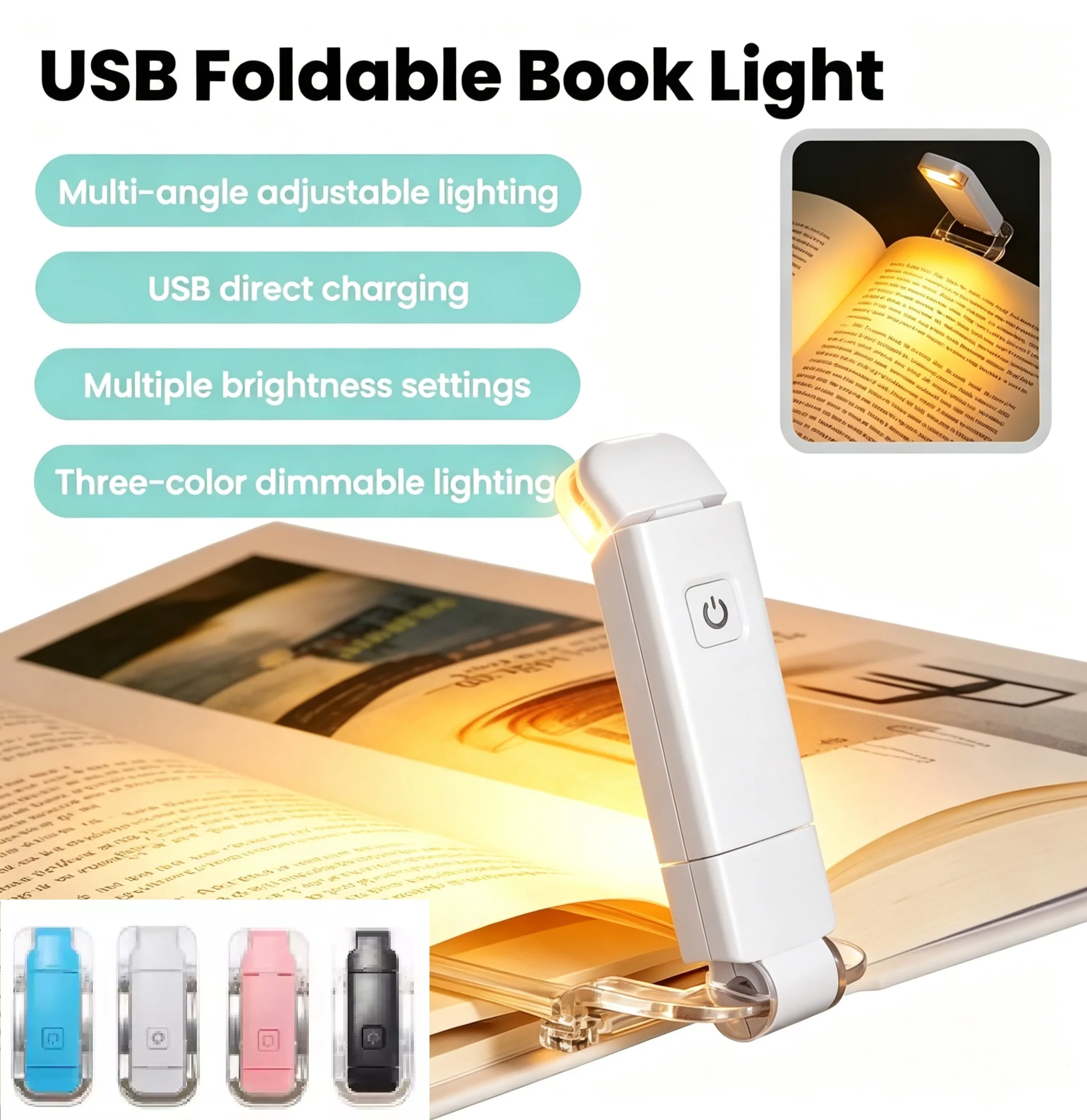  USB Rechargeable Folding LED Clip Reading Light Portable Smart Eye Protection 3 Light Colors Adjustable Brightness Night Lamp