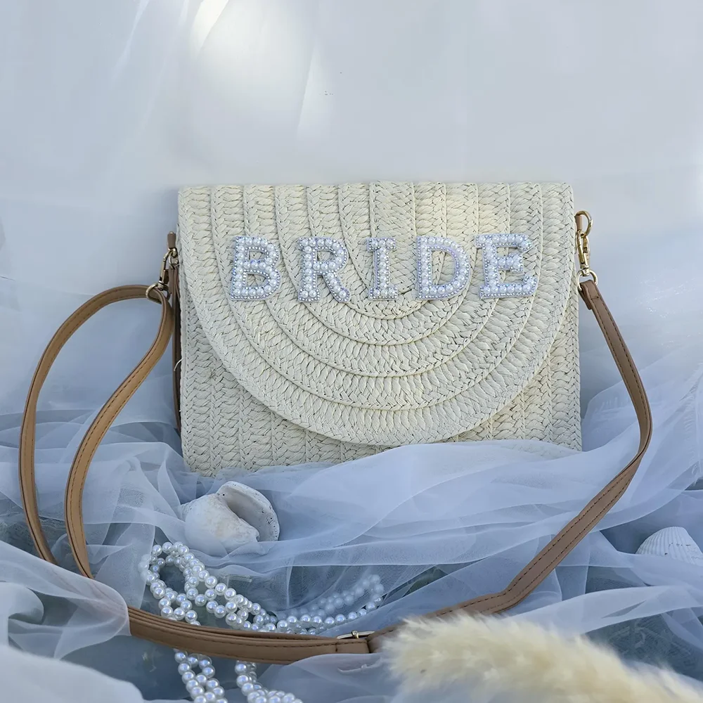 

1 шт., соломенная сумка с жемчужными буквами, свадебный аксессуар на день свадьбы, дорожная сумка для медового месяца, элегантный подарок для свадебного душа