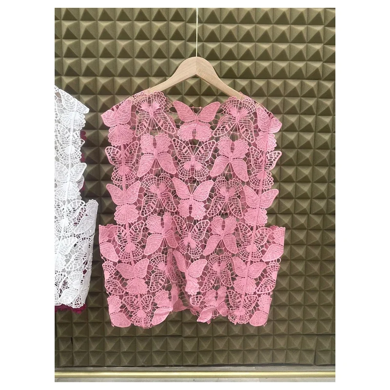 Sexy Vest Crop Tops 2026 Women Clothing Sleeveless Sweet Butterfly Embroidery Camis O-neck Hollow Out Summer See Through Tanks
