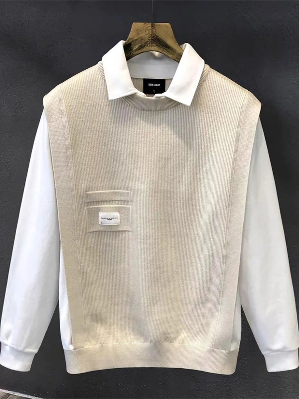 

Осенне-зимний модный повседневный свитшот с воротником-рубашкой, мужской, в стиле пэчворк, с цветовыми блоками, имитация двухслойности