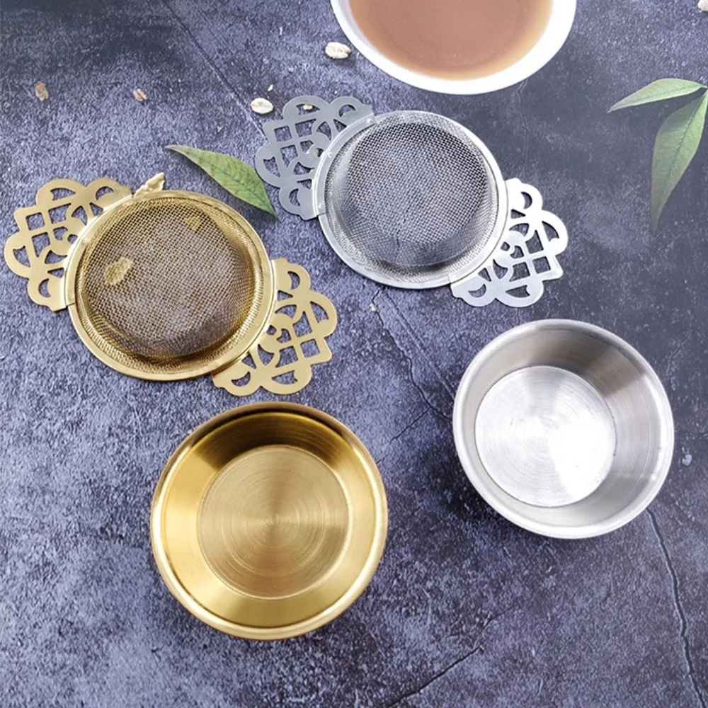 2pcs set 304 Stainless Steel Tea Infuser Filter Fine Mesh 2.5Inch Cup Mouth Tea Strainer Bowl Drip Bowl Double Wing Handle