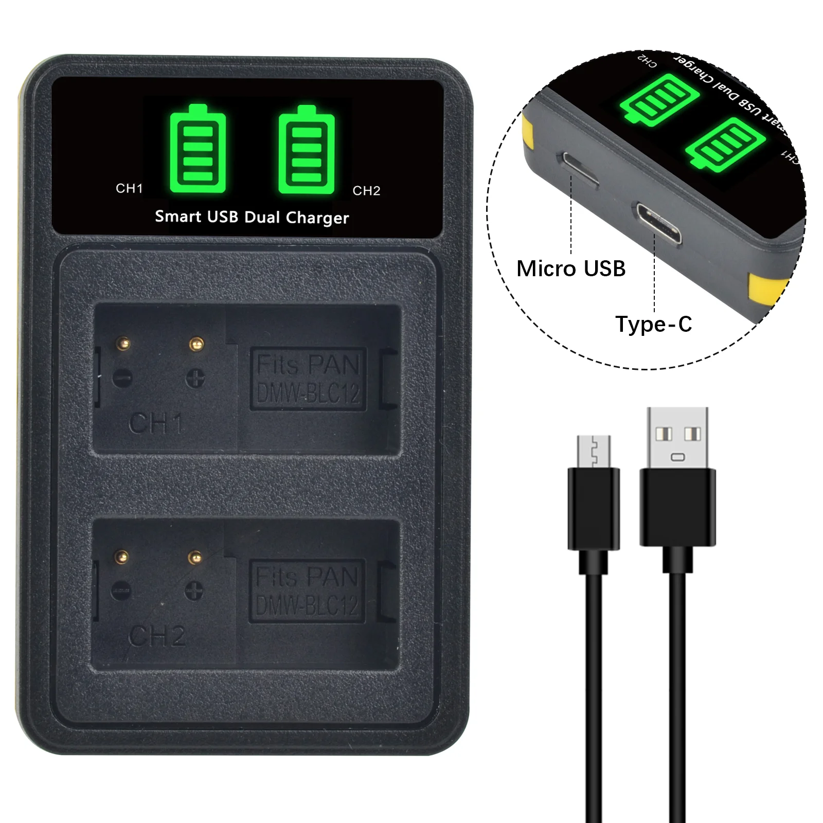 Batmax DMW-BLC12 BLC12E Battery Charger with Type C Port for Panasonic  FZ1000,FZ200,FZ300,G5,G6,G7,GH2,DMC-GX8 Camera Battery