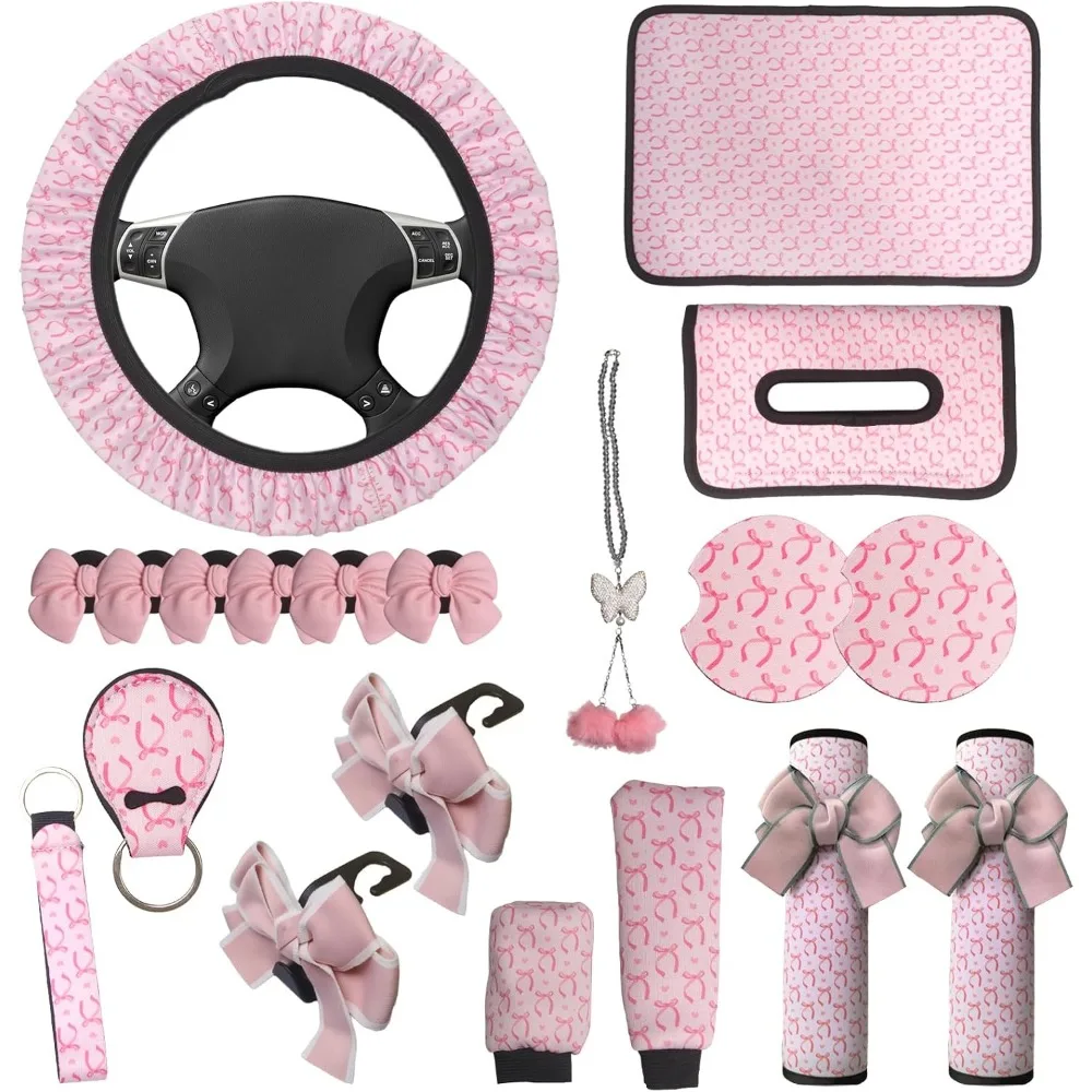 

20 Piece Butterfly Car Interior Set Pink Steering Wheel Cover Mirror Decor for Women Sedan SUV