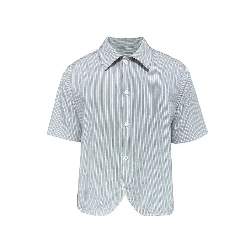 

Blue Striped Short Shirt for Men's Summer Turn-down Collar Short Sleeve Single Breaste Tees Curved Hem Loose Casual Fashion Tops