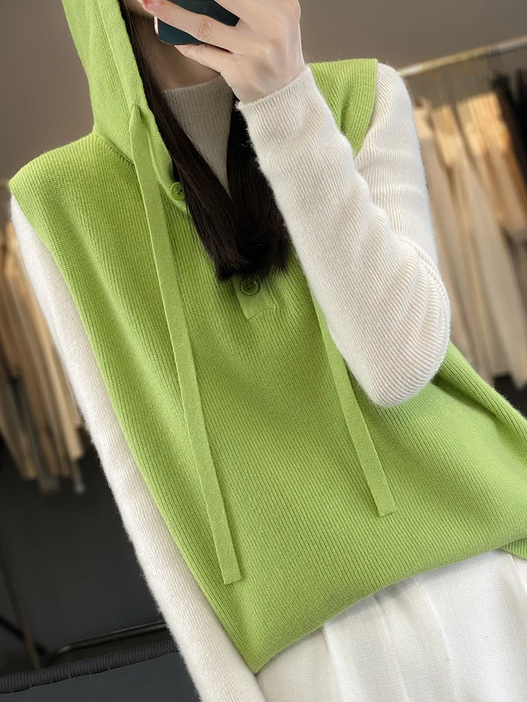 New Autumn Winter Merino Wool Hooded Pullover Women\'s Vest With Hood Sleeveless Vest Knitted Outerwear Fashion Soft Casual Style