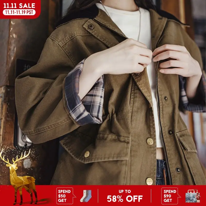 

Maden Женская хлопковая парка 310 г/㎡ в стиле барн, свободная с регулируемой талией, рабочая куртка, повседневная осенняя верхняя одежда, отложной воротник, хаки