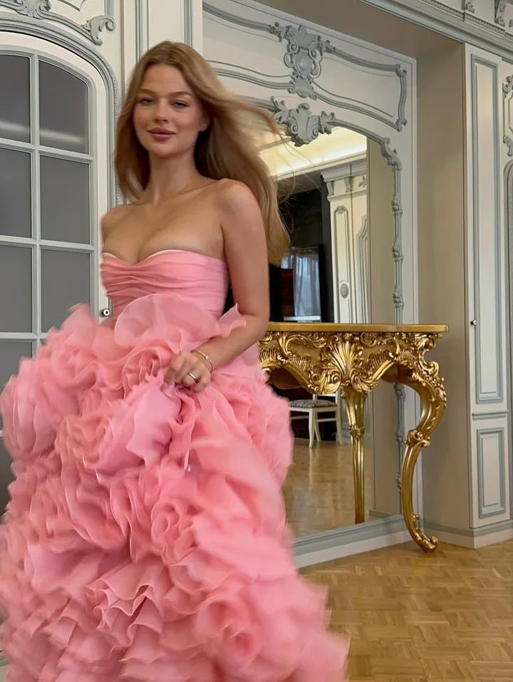 Blush rosa em camadas babados tule vestido de baile sem alças querida tornozelo comprimento a linha vestidos formais babados inchados vestidos de alta costura