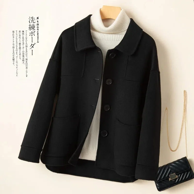 2023 New Autumn Winter Coat Women Short Woolen Jacket Korean Single-Breasted Pocket Camel Black Beige Cashmere Outerwear Female