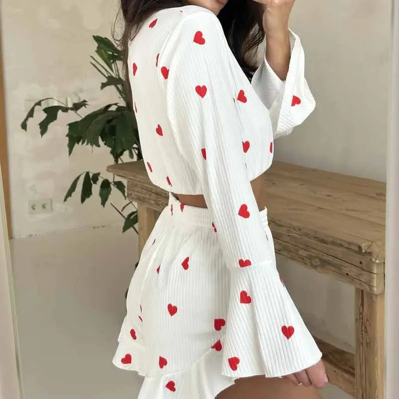 2025 Spring and Autumn Love Print Waist Shorts Women's Home Clothes Set Sleepwear Women