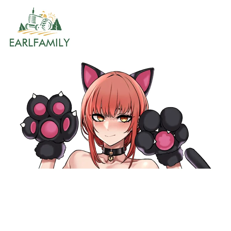 EARLFAMILY Makima Cat Suit Car Stickers Adaorable Character SUV Decals Occlusion Scratch Scratch-Proof Simple Car Refrigerators