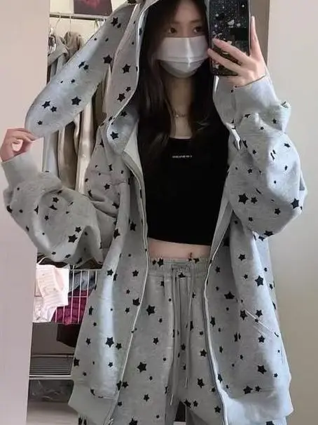 

Retro American Spring Autumn Sports Set Women's Faion Star Print Rabbit Ear Hoodie Versatile Outerwear Two Piece Trendy Outfit