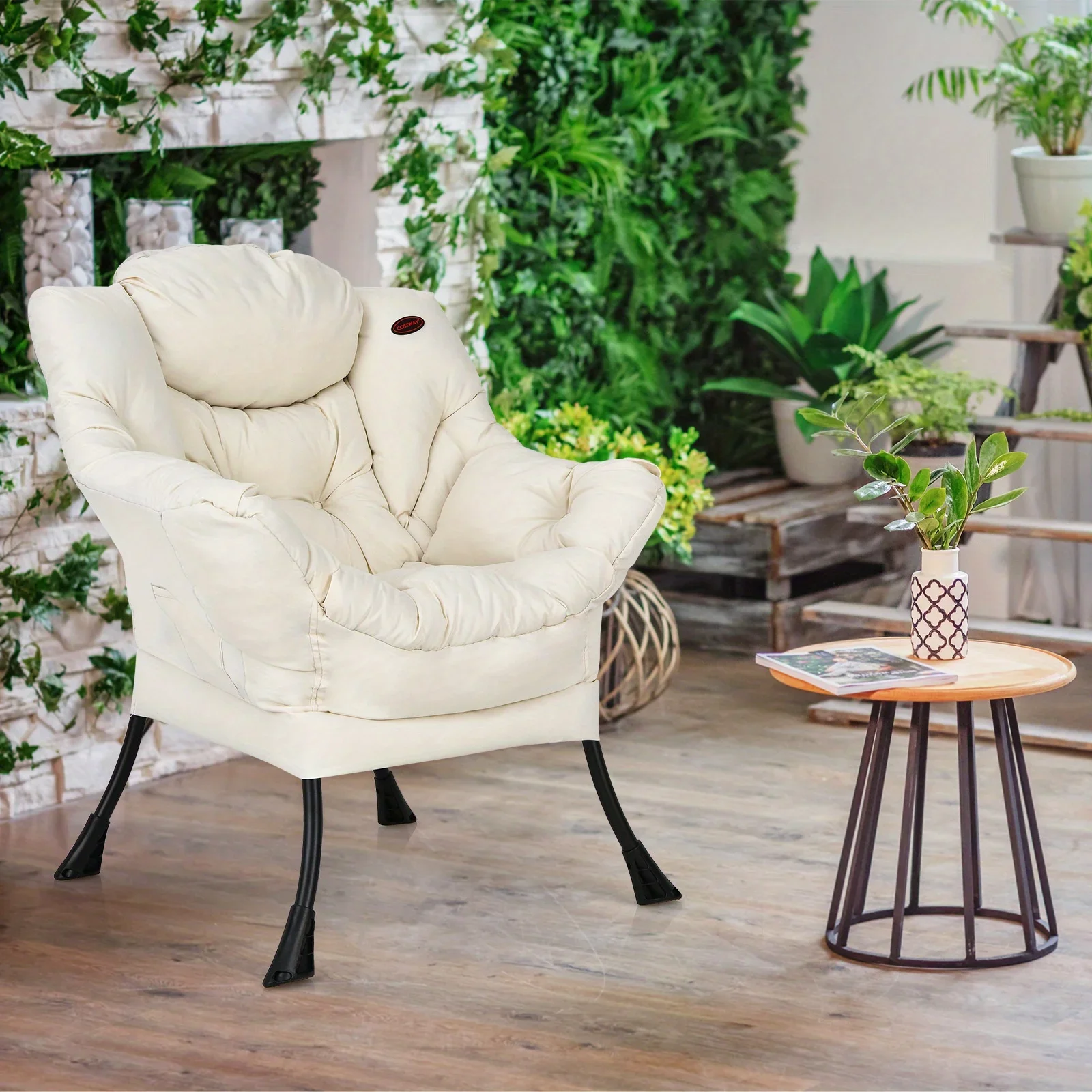 Costway Modern Polyester Fabric Lazy Chair Single Sofa Chair W Side Pocket Beige image 4