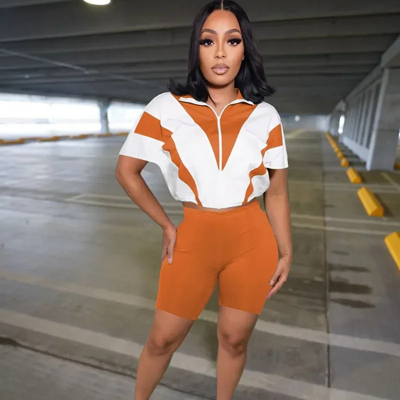 

Casual Summer Outfit Woman 2 Piece Set Sporty Fitness Zipper Turn-down Collar Top and Shorts Workout Joggers Tracksuit 2025 Gym