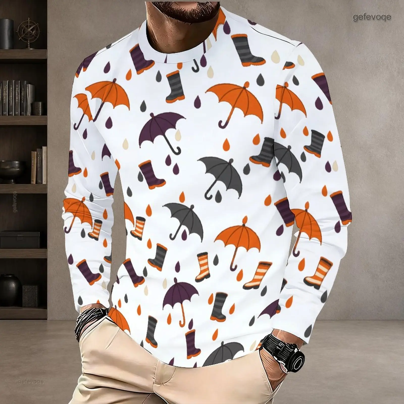 Men Printed T Shirt Round Neck Long Sleeve Pullover Straight Hem