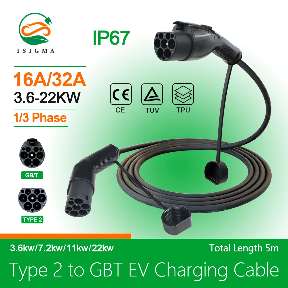 Isigma 3.6KW Type 2 to GBT EV Car Charging Cable 32A 22KW Three Phase 7KW Electric Vehicle Cord for Car Charger Station