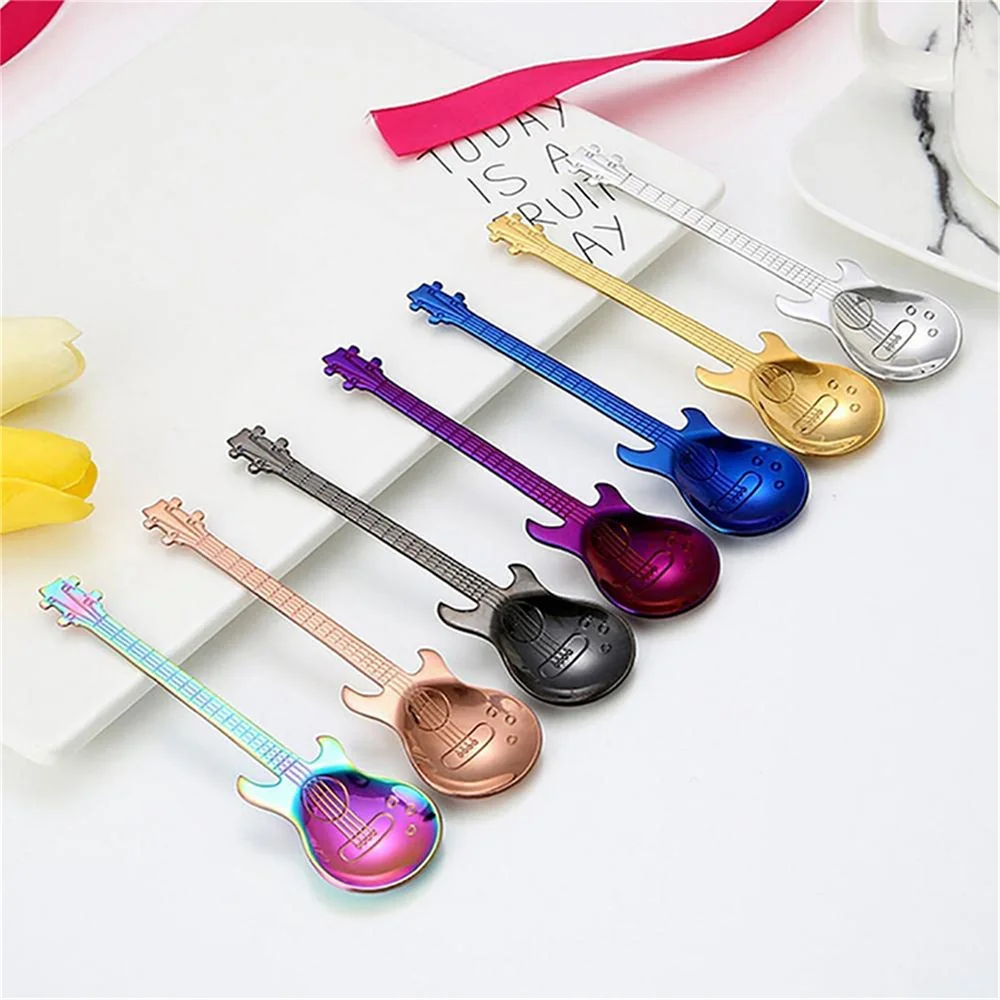 2024 Faroot Stainless Steel Spoon Tea Scoop for Stirring Drink Colorful Dessert Spoon Guitar Shape Coffee Teaspoon