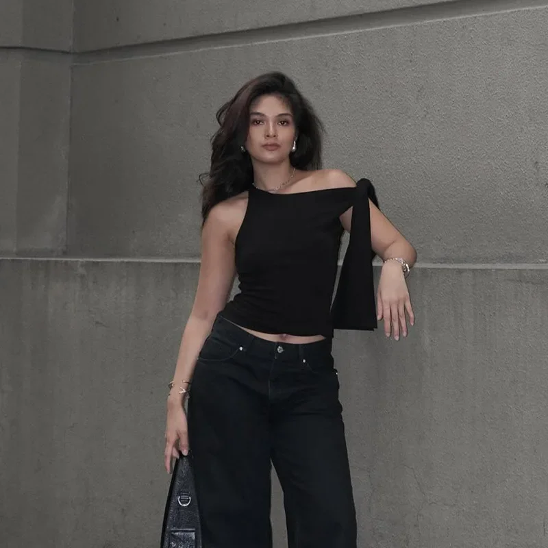 

Shirts for Women Ribbon Top 2025 Summer New Sexy Single Shoulder T-shirt for Women m