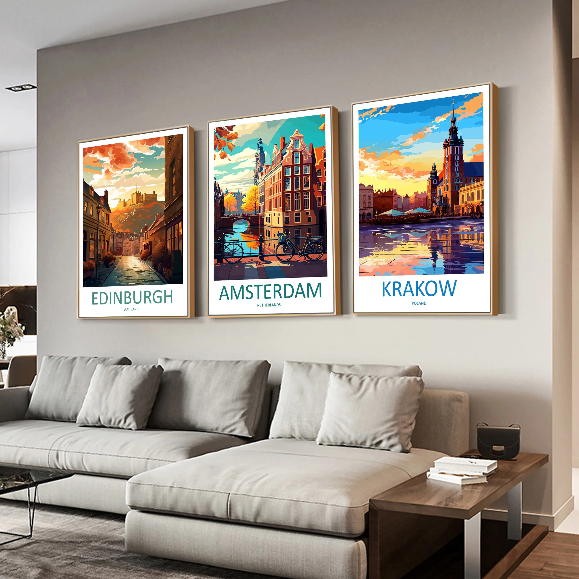 

Amsterdam travel print wall art Netherlands Edinburgh wall hanging art Scotland lover gift Krakow canvas poster home decor