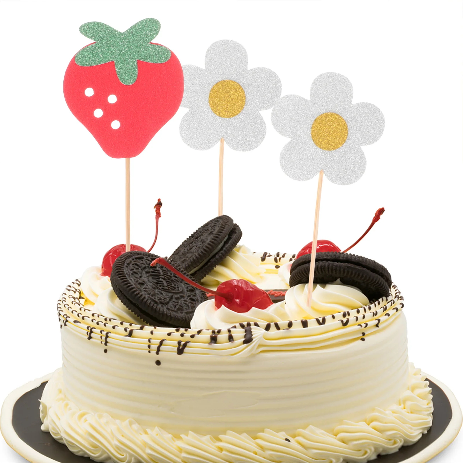 20 pçs bolo de frutas decoração de morango decorações de chá de bebê cupcake topper margarida aniversário flor festa toppers escolhas