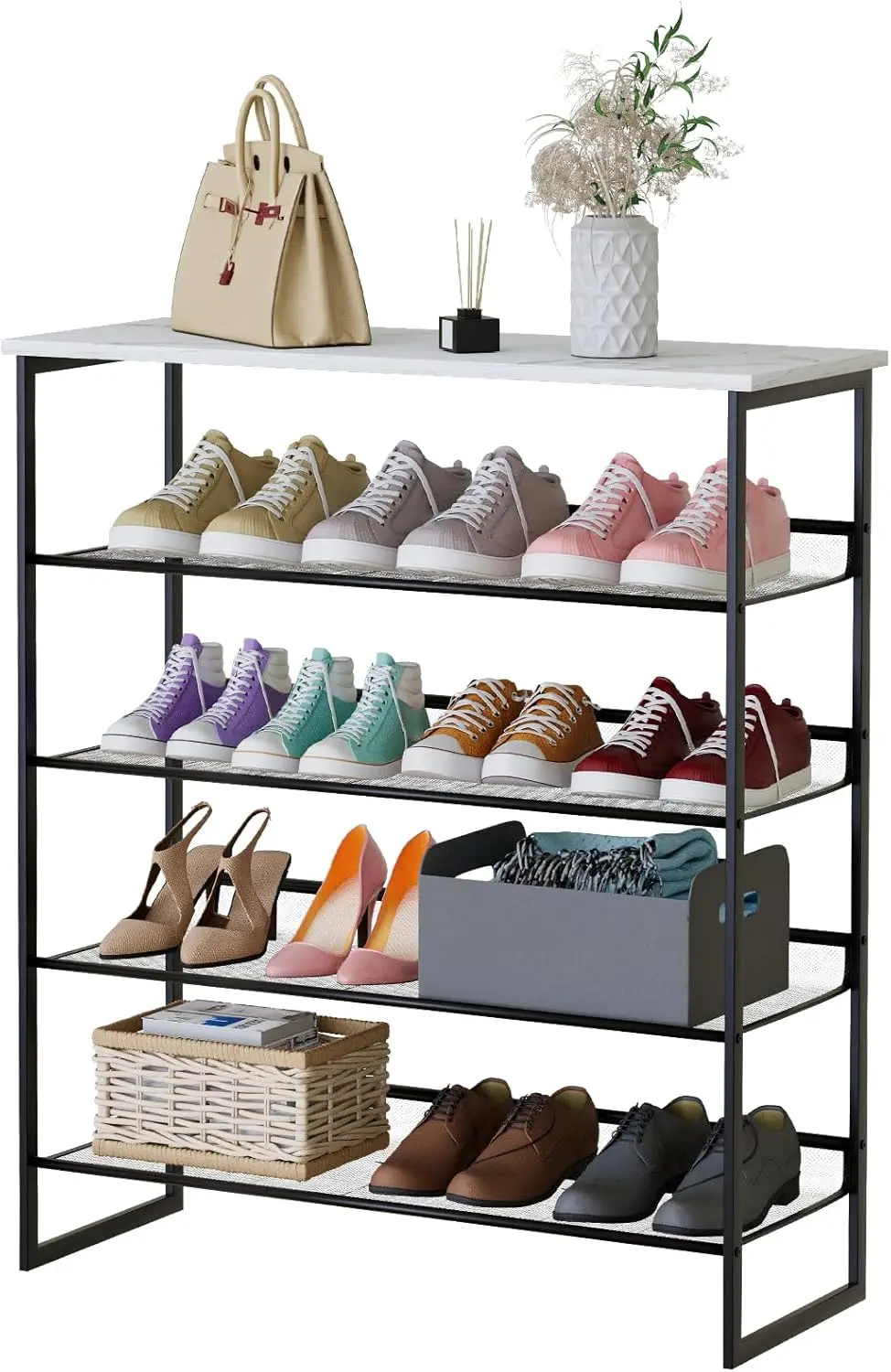 

5-Tier Metal Shoe Rack with Adjustable Mesh Shelves and White Wooden Tabletop,11.8" Dx29" Wx36.5" H for Entryway Hallway Closet