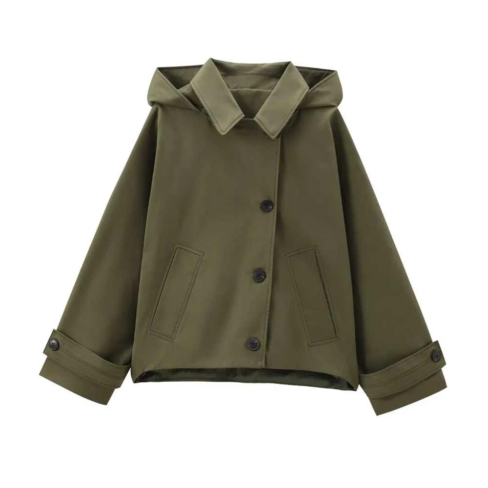 

Trendy Womens Hooded Trench Coat 2025 Fall New Lapel Jacket Single Breasted Short Outerwear Long Sleeve
