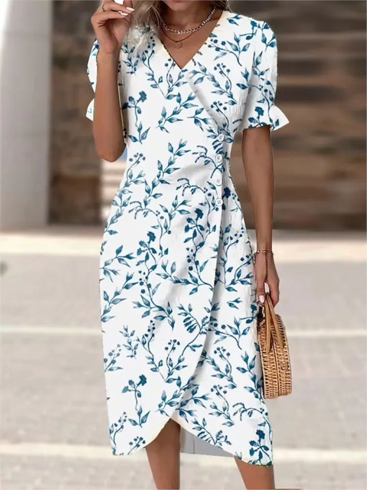 New Women\'s V-neck Floral Irregular Printed Dress Summer Fashion Short Sleeve Elegant Casual Female Office Party Dresses Robe