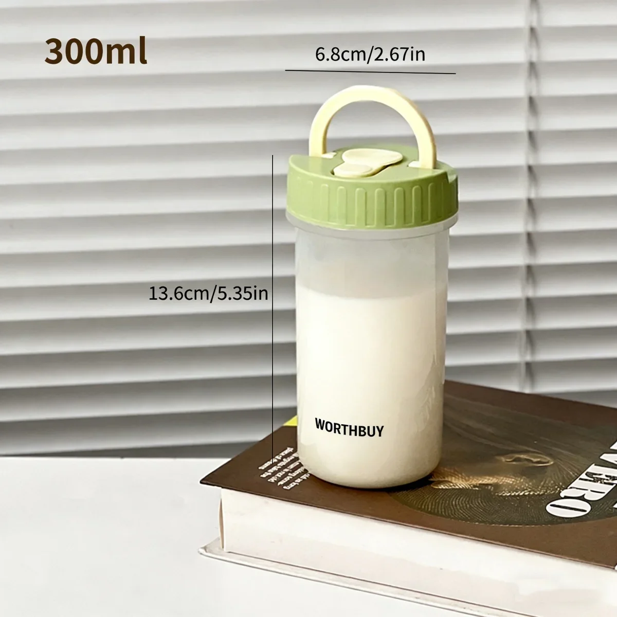 300 ml draagbare plastic waterfles, geschikt voor kinderen en studenten, voor koude en warme dranken, met handvat, luchtdicht en lekvrij, ideaal voor melk en koffie.