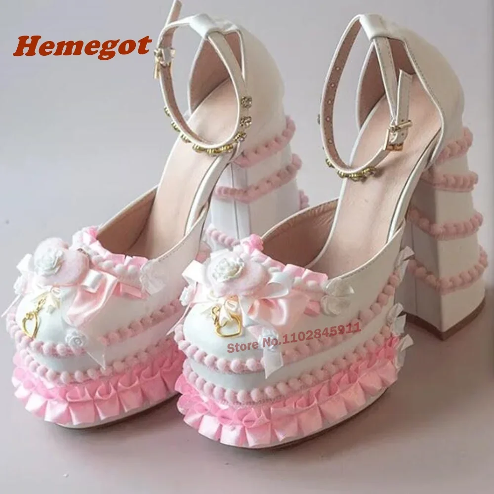 Spicy Girls Platform Chunky Heels Sandals Round Toe Lace Satin Pleated Edge Color-Matching Buckle Women\'s Sandals Lolita Sexy