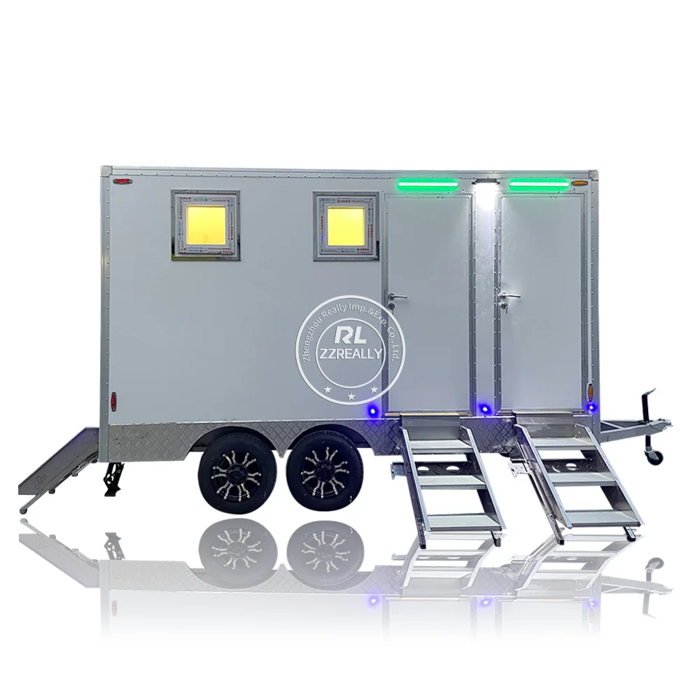 Remolque de baño portátil móvil, baño de lujo, ducha al aire libre, remolque de inodoro, 4 puestos, a la venta