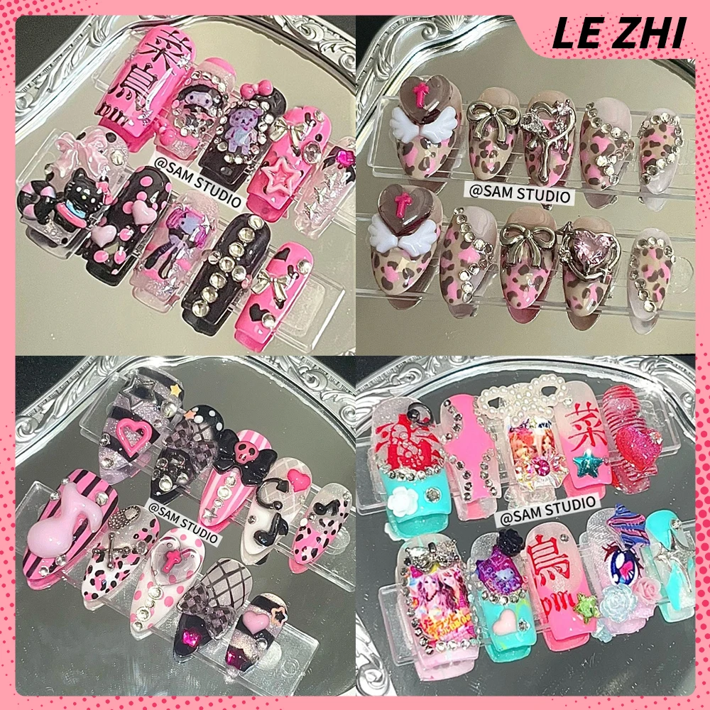 

Spice Girl Y2K Sanrio Hellokitty Cartoon Handmade Press On Nails Star Diamond Pearl Pink Polka Dots Note Leopard Print Nails